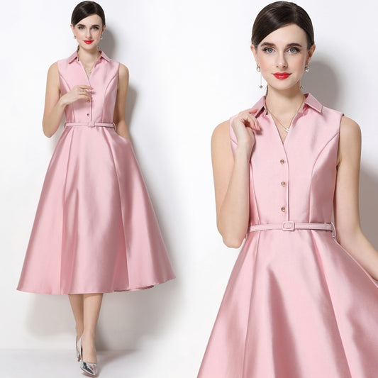 CM-DY071083 Women Elegant European Style Lapel Neckline Sleeveless High Waist Slim A-Line Dress - Pink