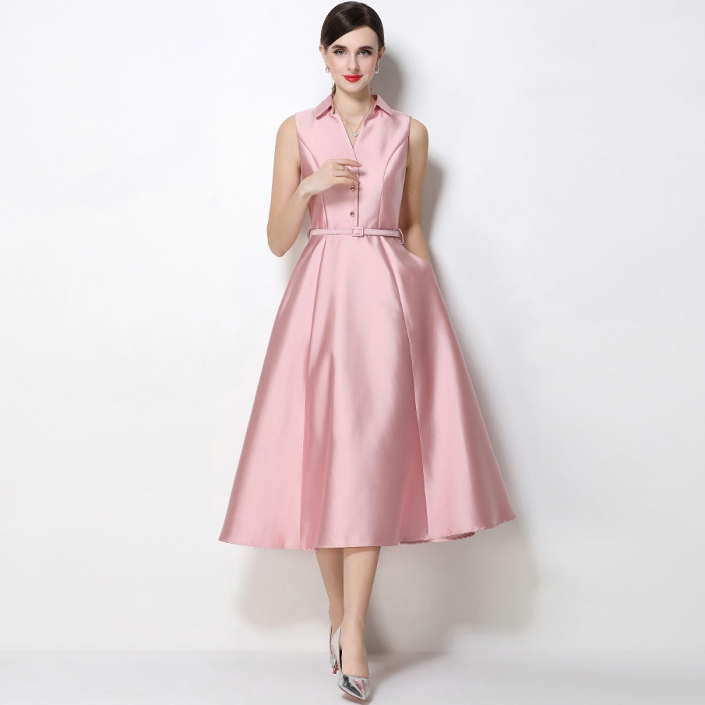 CM-DY071083 Women Elegant European Style Lapel Neckline Sleeveless High Waist Slim A-Line Dress - Pink