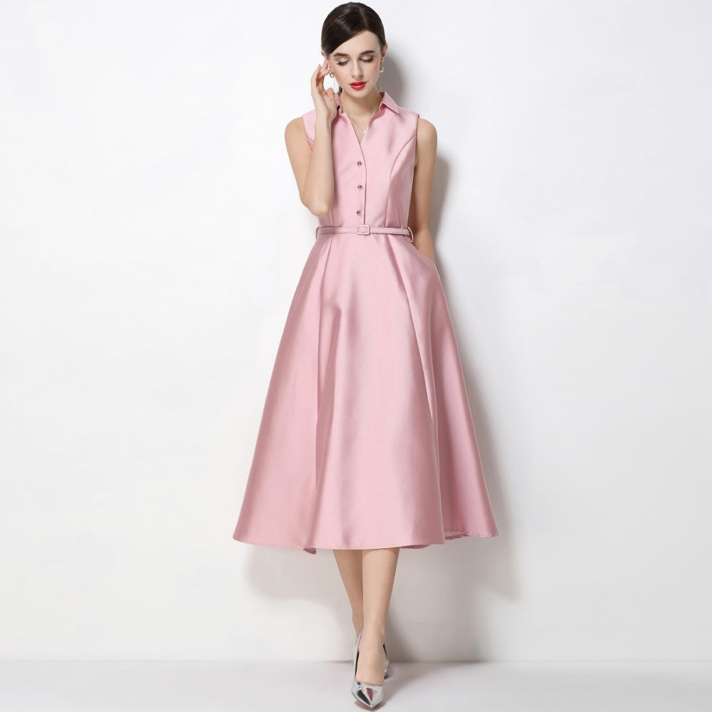 CM-DY071083 Women Elegant European Style Lapel Neckline Sleeveless High Waist Slim A-Line Dress - Pink