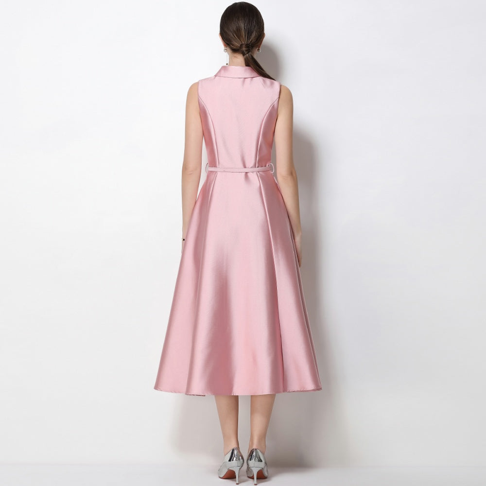 CM-DY071083 Women Elegant European Style Lapel Neckline Sleeveless High Waist Slim A-Line Dress - Pink