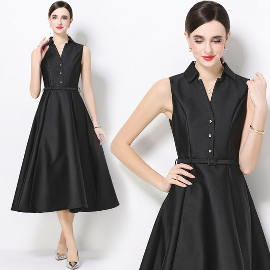 CM-DY071084 Women Elegant European Style Lapel Neckline Sleeveless High Waist Slim A-Line Dress - Black