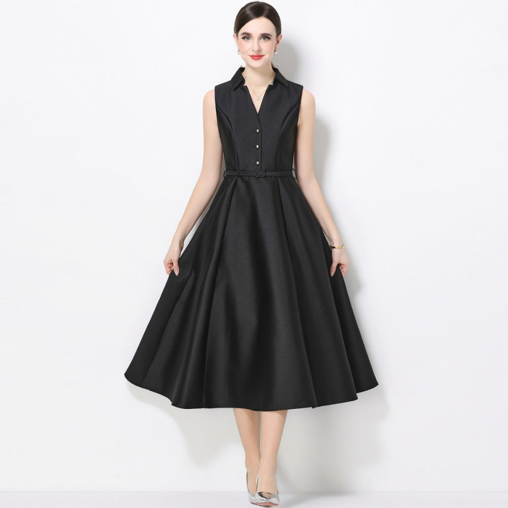 CM-DY071084 Women Elegant European Style Lapel Neckline Sleeveless High Waist Slim A-Line Dress - Black