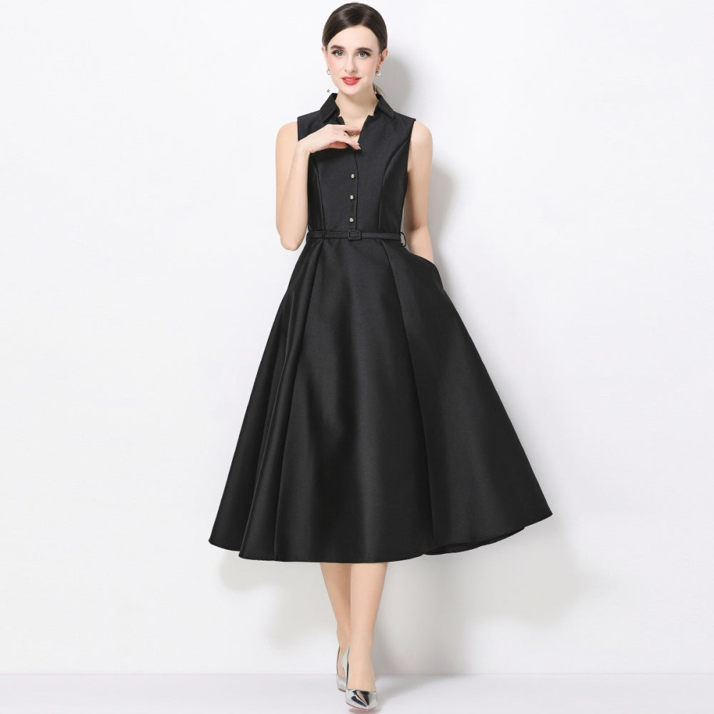 CM-DY071084 Women Elegant European Style Lapel Neckline Sleeveless High Waist Slim A-Line Dress - Black