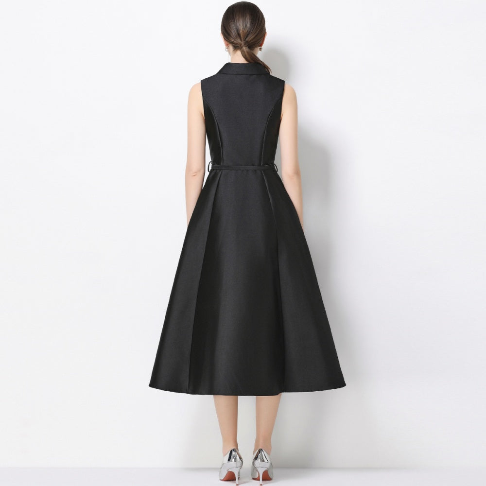 CM-DY071084 Women Elegant European Style Lapel Neckline Sleeveless High Waist Slim A-Line Dress - Black