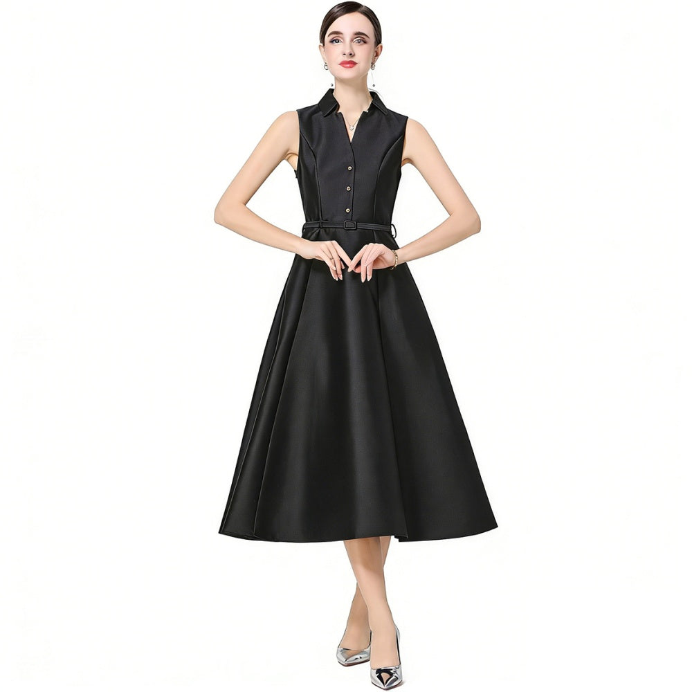 CM-DY071084 Women Elegant European Style Lapel Neckline Sleeveless High Waist Slim A-Line Dress - Black
