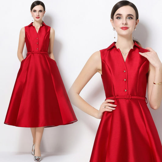 CM-DY071085 Women Elegant European Style Lapel Neckline Sleeveless High Waist Slim A-Line Dress - Red