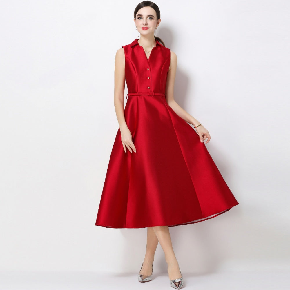 CM-DY071085 Women Elegant European Style Lapel Neckline Sleeveless High Waist Slim A-Line Dress - Red