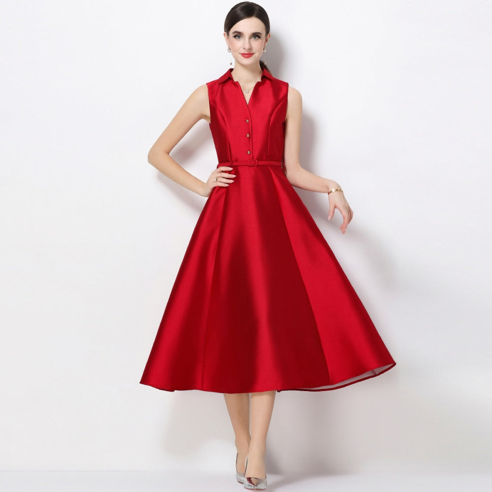 CM-DY071085 Women Elegant European Style Lapel Neckline Sleeveless High Waist Slim A-Line Dress - Red