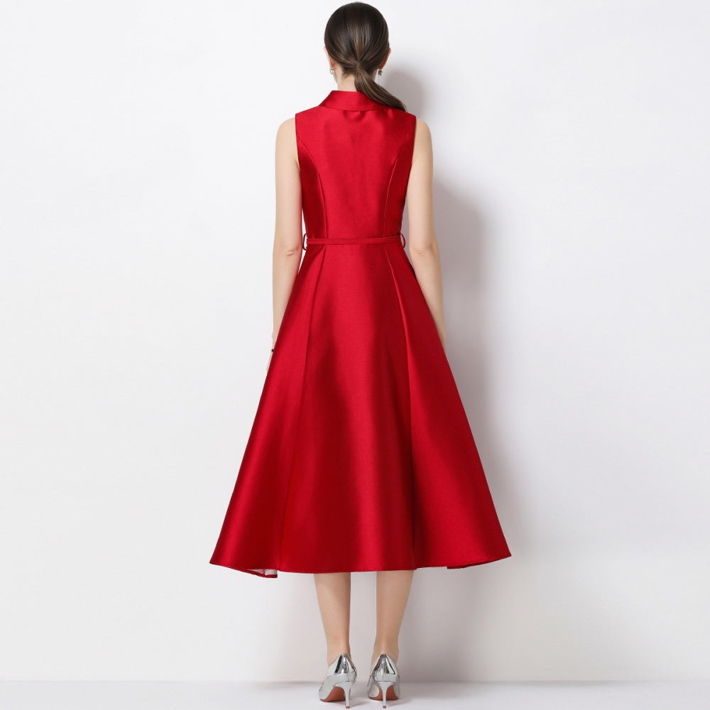 CM-DY071085 Women Elegant European Style Lapel Neckline Sleeveless High Waist Slim A-Line Dress - Red