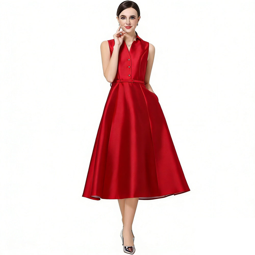 CM-DY071085 Women Elegant European Style Lapel Neckline Sleeveless High Waist Slim A-Line Dress - Red