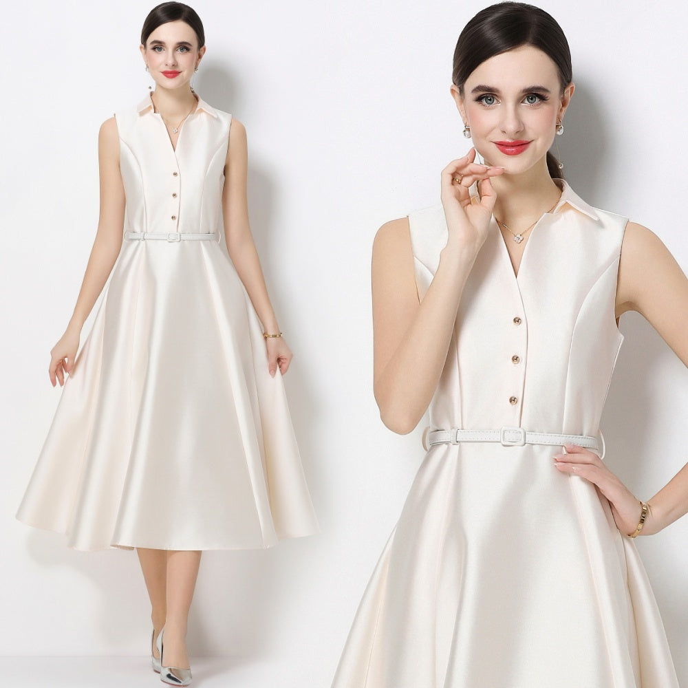 CM-DY071086 Women Elegant European Style Lapel Neckline Sleeveless High Waist Slim A-Line Dress - Apricot