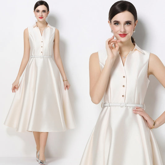 CM-DY071086 Women Elegant European Style Lapel Neckline Sleeveless High Waist Slim A-Line Dress - Apricot