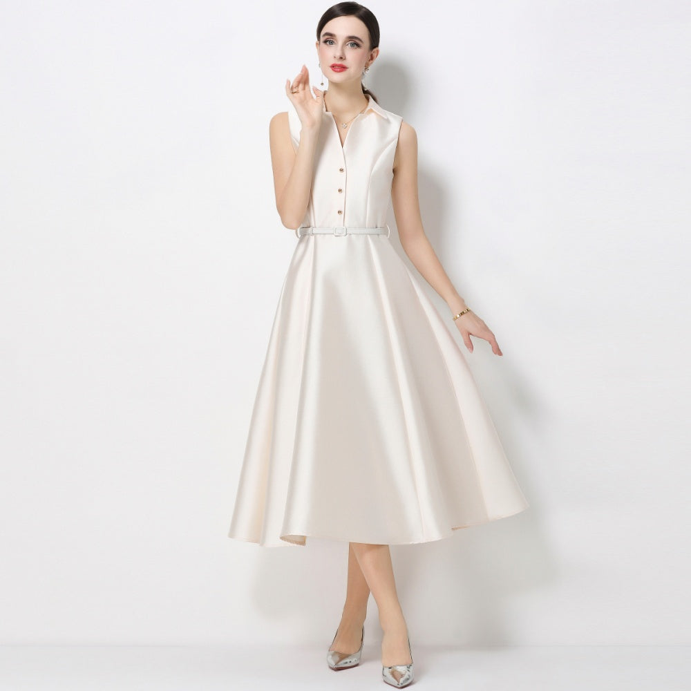 CM-DY071086 Women Elegant European Style Lapel Neckline Sleeveless High Waist Slim A-Line Dress - Apricot