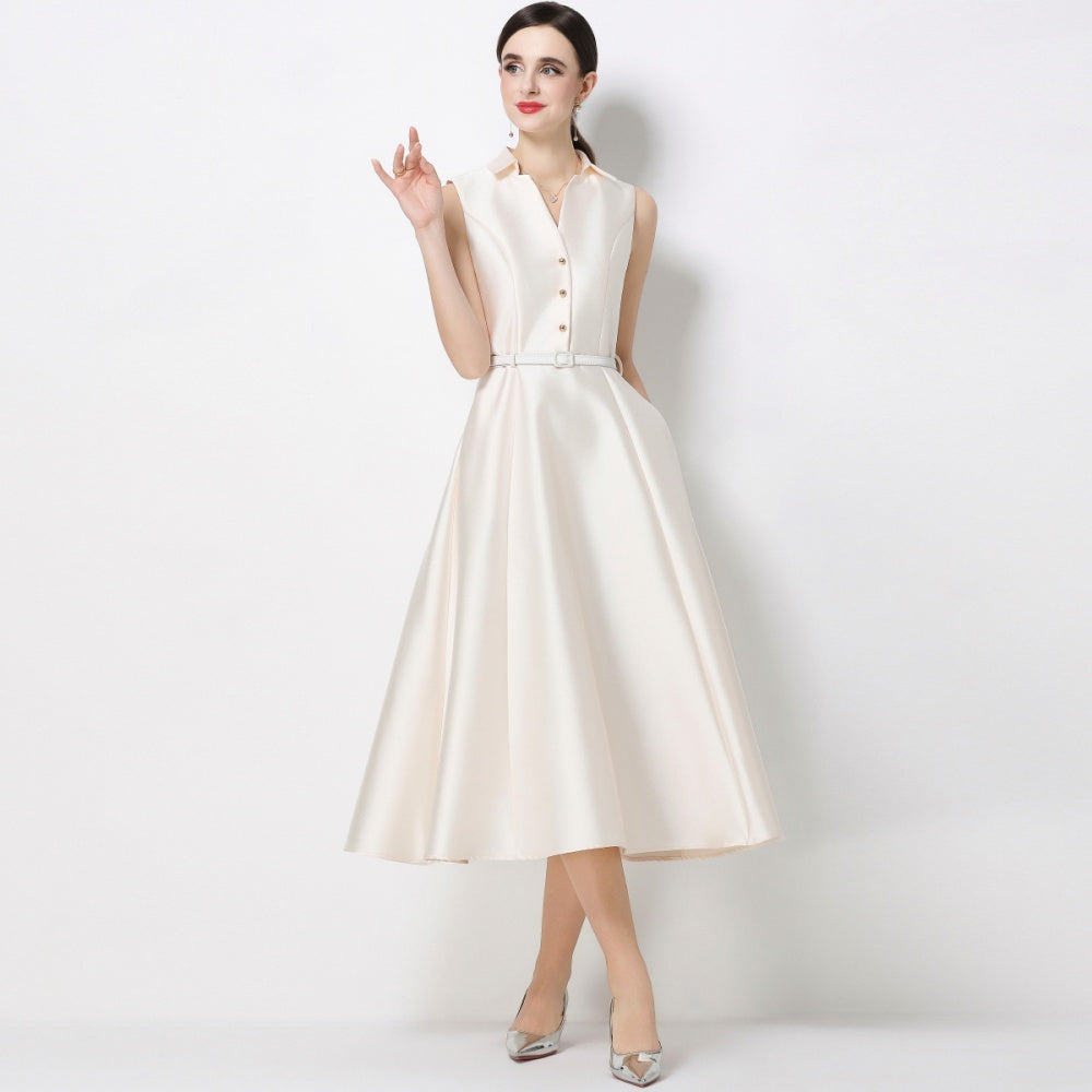 CM-DY071086 Women Elegant European Style Lapel Neckline Sleeveless High Waist Slim A-Line Dress - Apricot