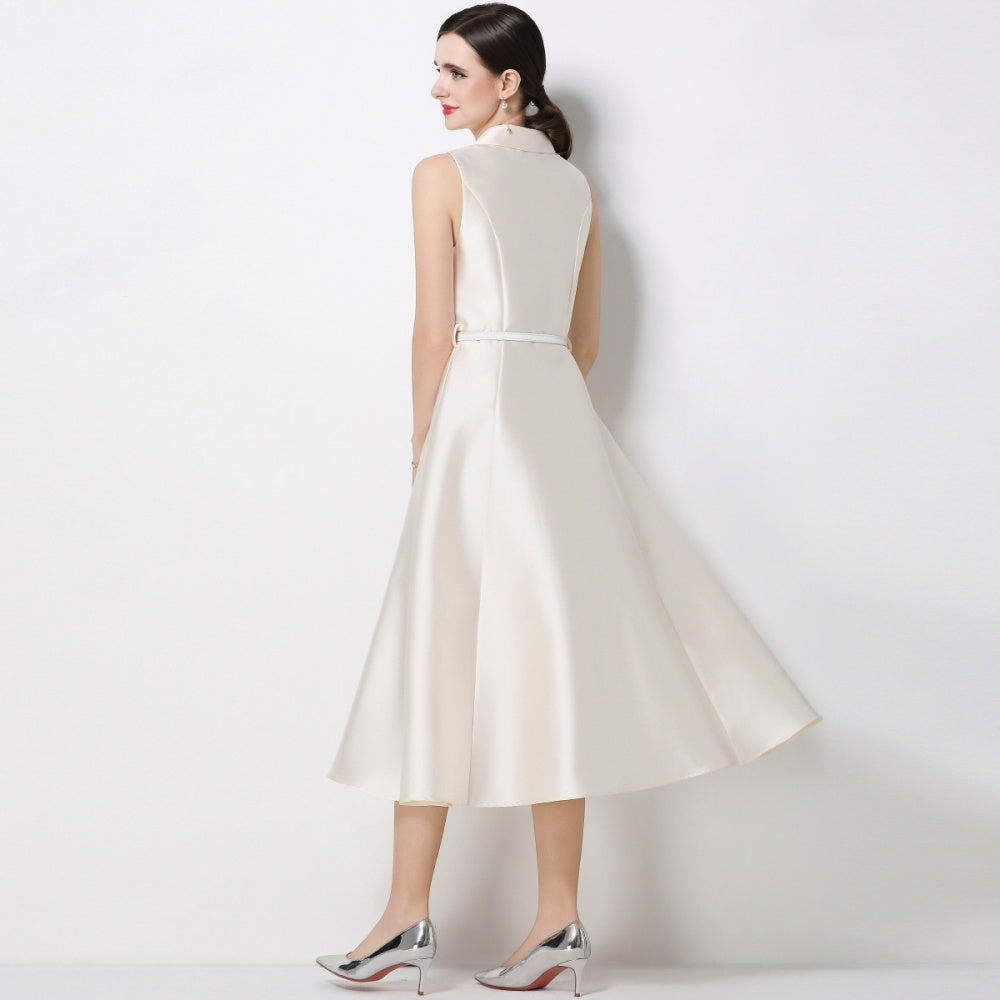 CM-DY071086 Women Elegant European Style Lapel Neckline Sleeveless High Waist Slim A-Line Dress - Apricot