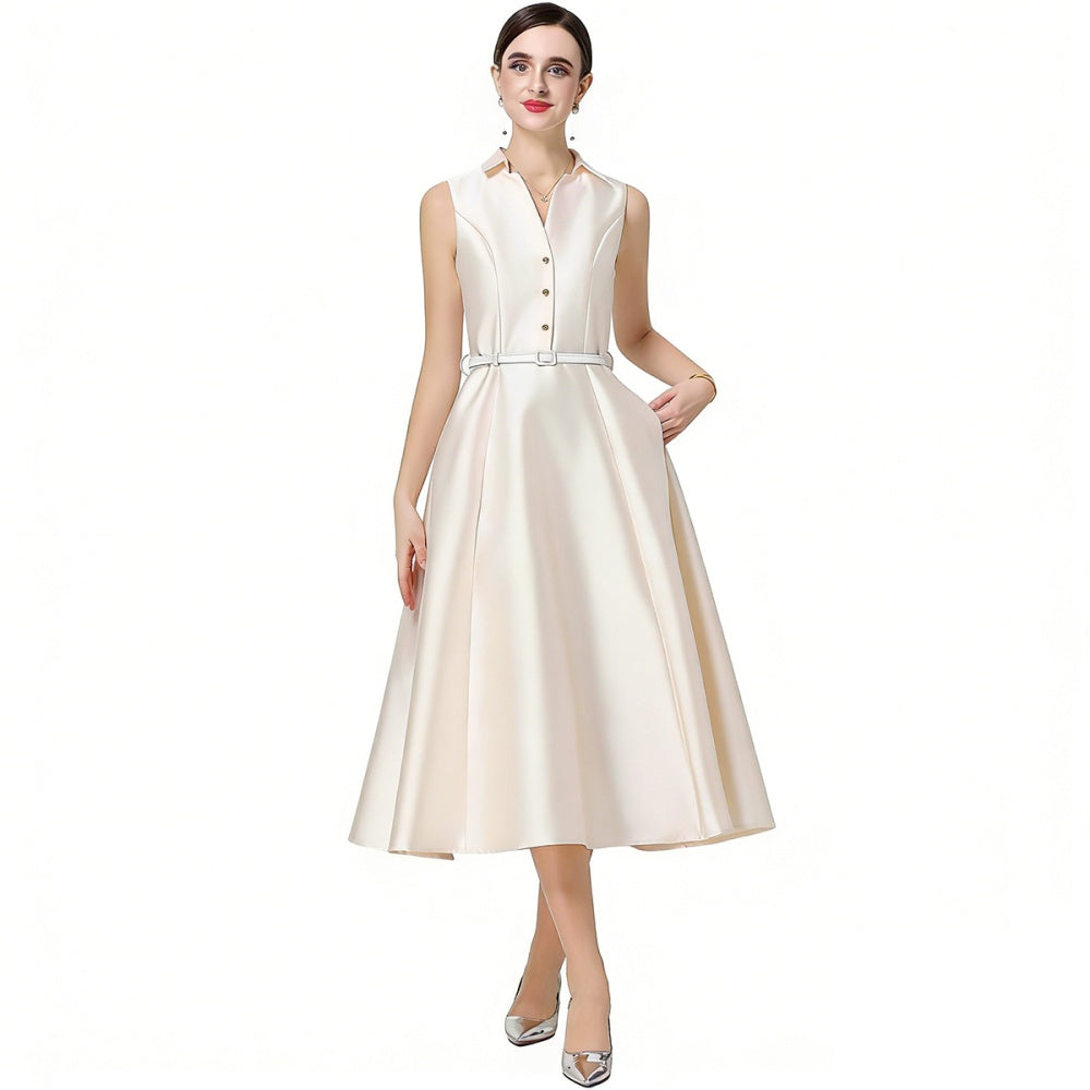 CM-DY071086 Women Elegant European Style Lapel Neckline Sleeveless High Waist Slim A-Line Dress - Apricot