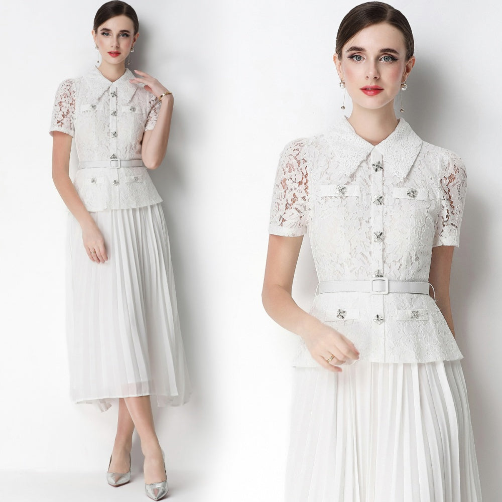CM-DY071087 Women Elegant European Style Lace Doll Collar Short Sleeve Belted High Waist Midi Dress - White