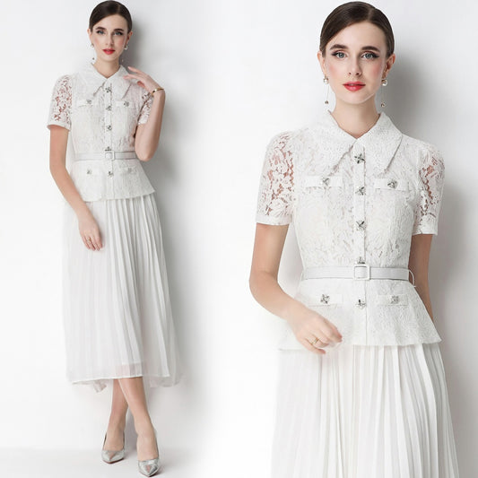CM-DY071087 Women Elegant European Style Lace Doll Collar Short Sleeve Belted High Waist Midi Dress - White