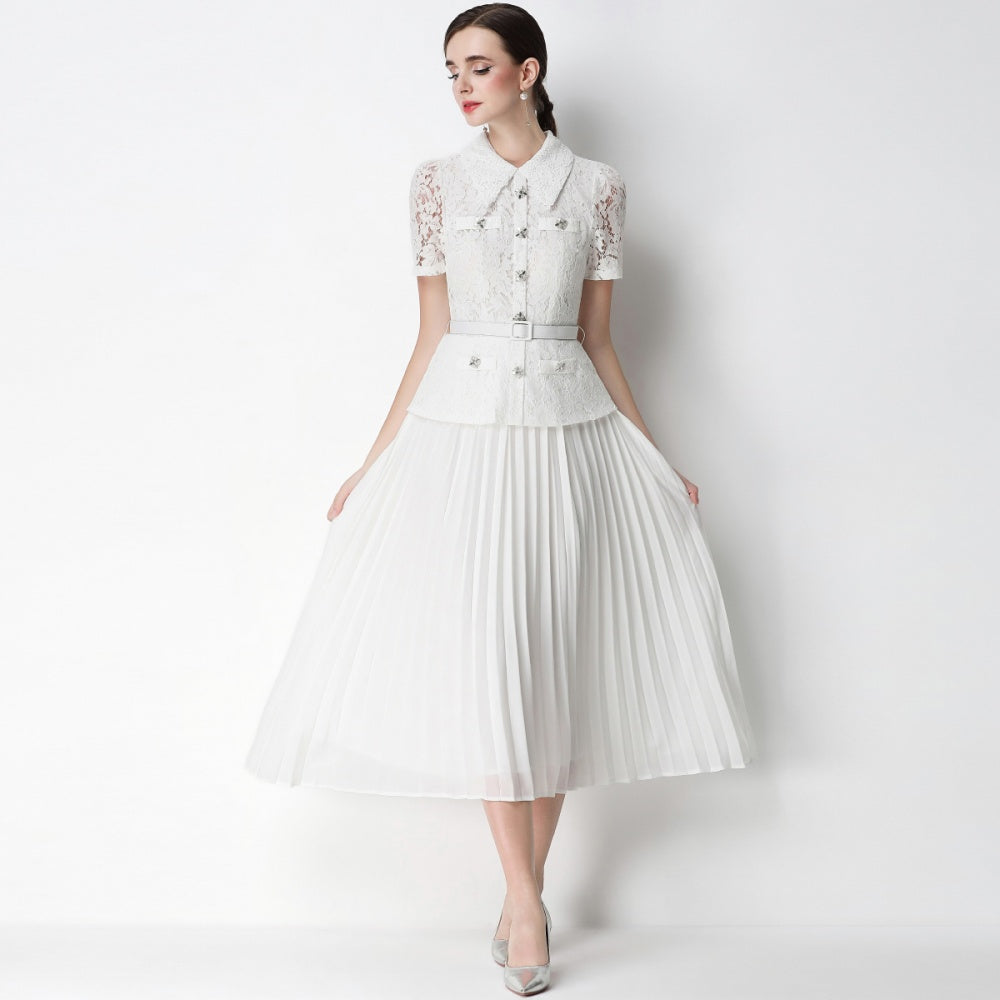 CM-DY071087 Women Elegant European Style Lace Doll Collar Short Sleeve Belted High Waist Midi Dress - White