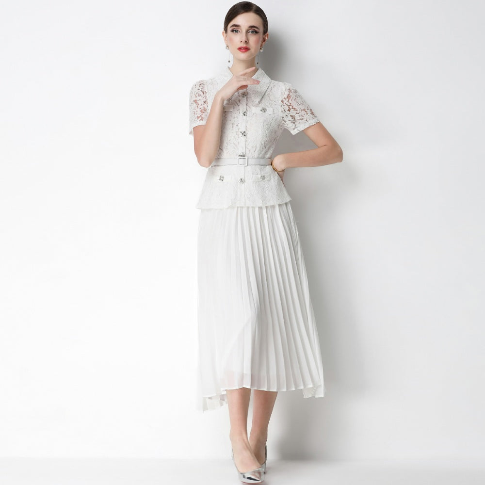 CM-DY071087 Women Elegant European Style Lace Doll Collar Short Sleeve Belted High Waist Midi Dress - White