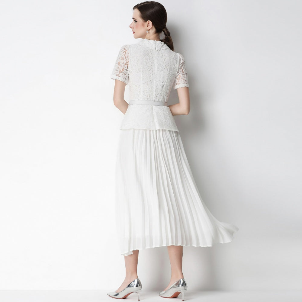 CM-DY071087 Women Elegant European Style Lace Doll Collar Short Sleeve Belted High Waist Midi Dress - White