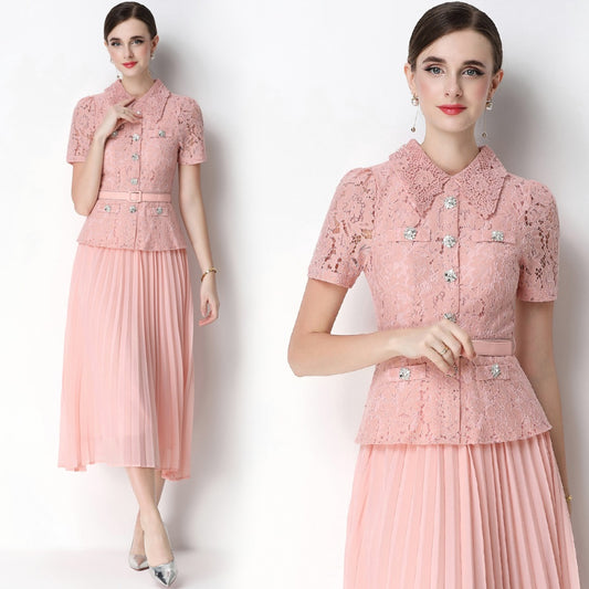 CM-DY071088 Women Elegant European Style Lace Doll Collar Short Sleeve Belted High Waist Midi Dress - Pink