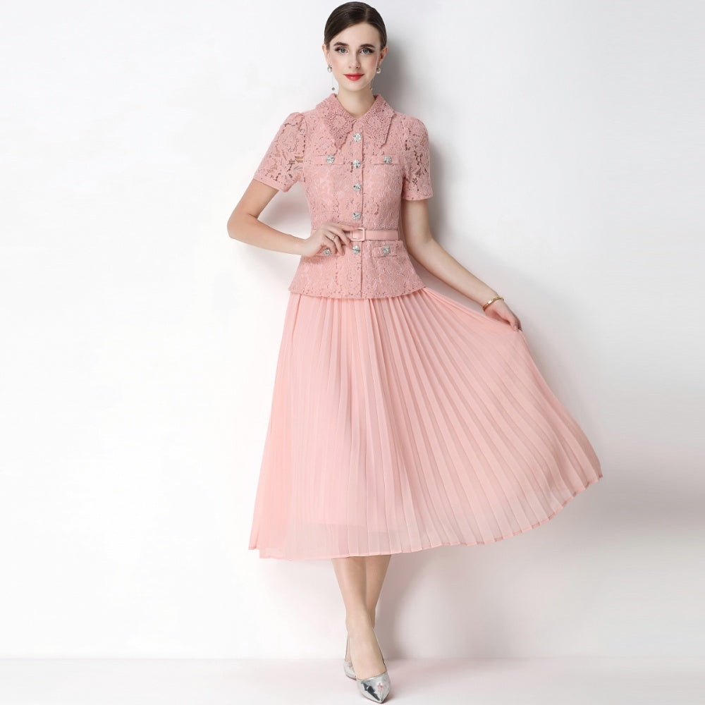 CM-DY071088 Women Elegant European Style Lace Doll Collar Short Sleeve Belted High Waist Midi Dress - Pink
