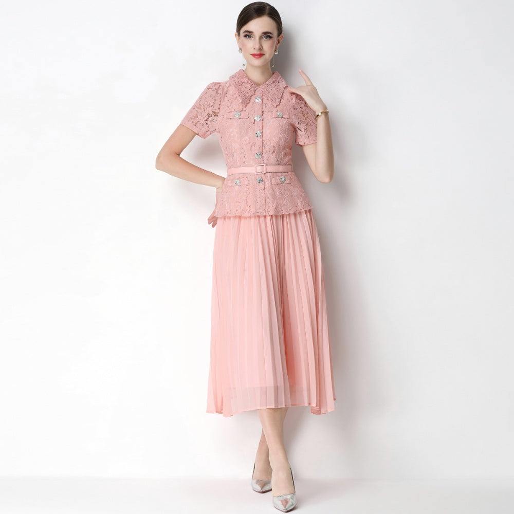 CM-DY071088 Women Elegant European Style Lace Doll Collar Short Sleeve Belted High Waist Midi Dress - Pink