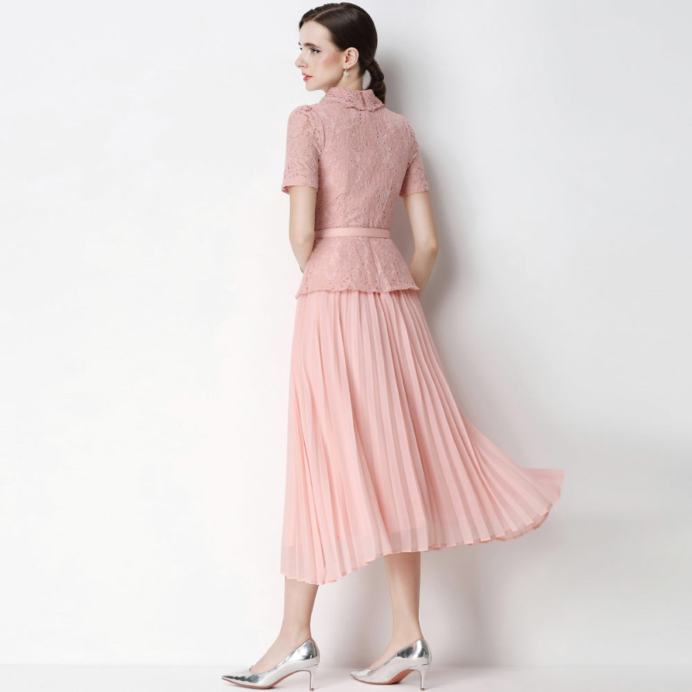 CM-DY071088 Women Elegant European Style Lace Doll Collar Short Sleeve Belted High Waist Midi Dress - Pink