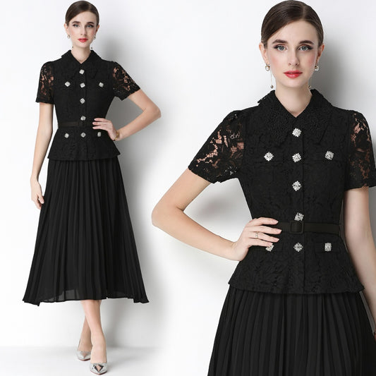 CM-DY071089 Women Elegant European Style Lace Doll Collar Short Sleeve Belted High Waist Midi Dress - Black