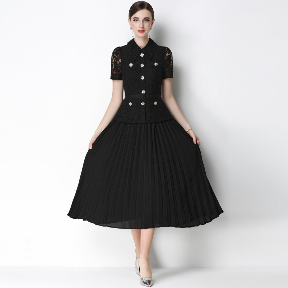 CM-DY071089 Women Elegant European Style Lace Doll Collar Short Sleeve Belted High Waist Midi Dress - Black