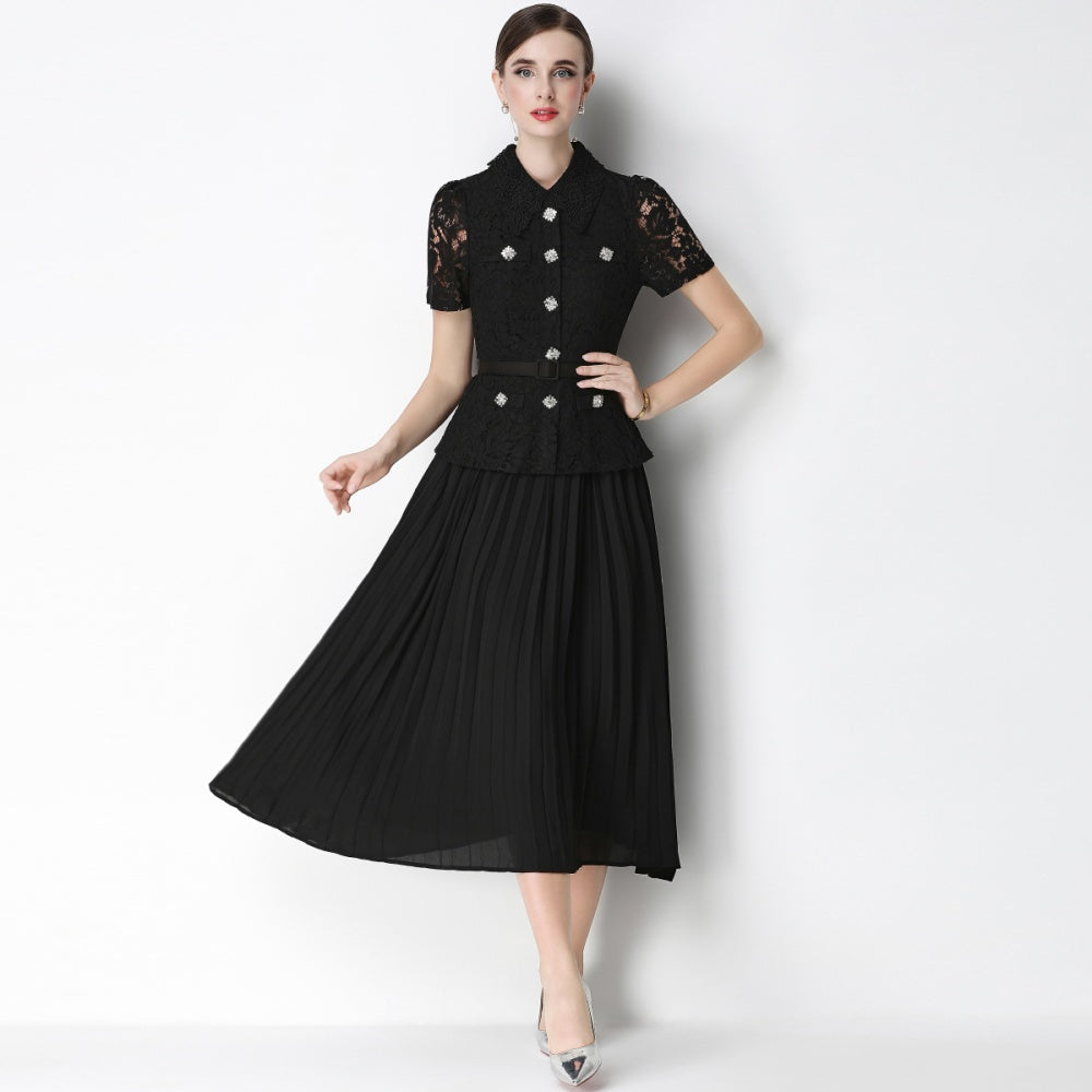 CM-DY071089 Women Elegant European Style Lace Doll Collar Short Sleeve Belted High Waist Midi Dress - Black