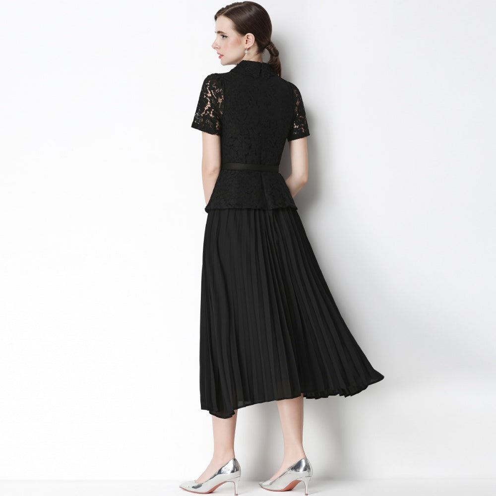 CM-DY071089 Women Elegant European Style Lace Doll Collar Short Sleeve Belted High Waist Midi Dress - Black