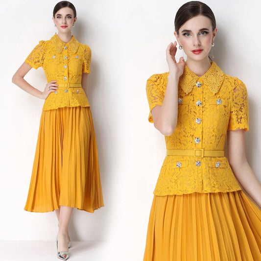 CM-DY071090 Women Elegant European Style Lace Doll Collar Short Sleeve Belted High Waist Midi Dress - Yellow