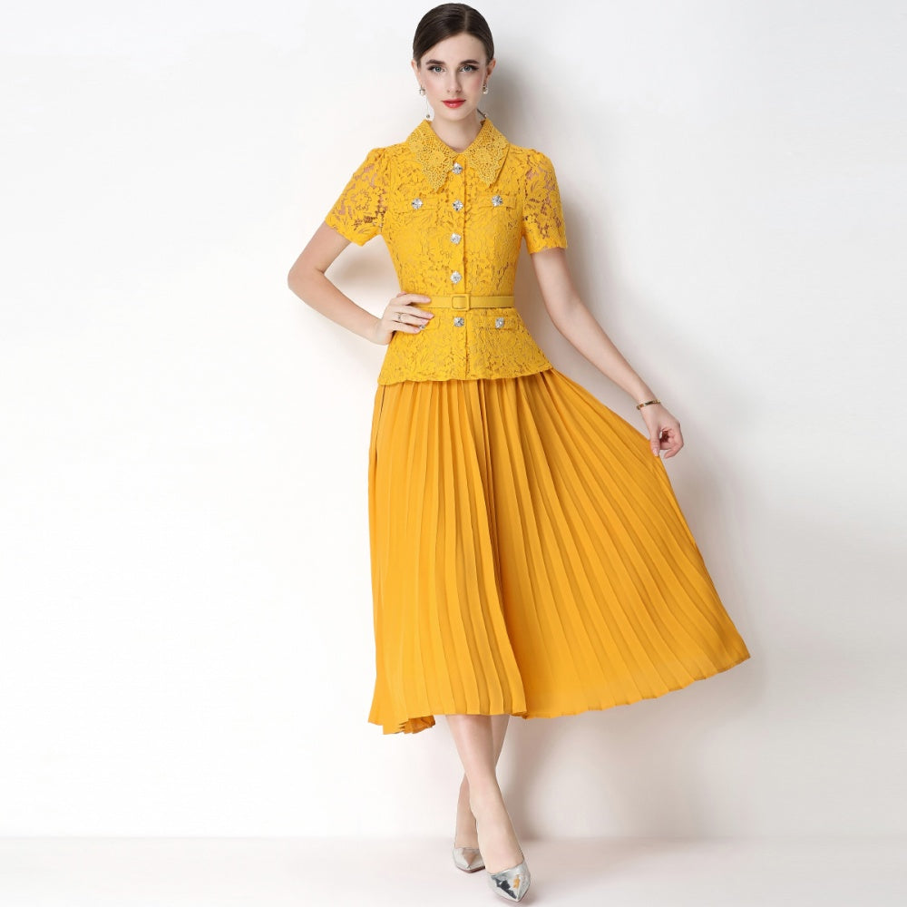 CM-DY071090 Women Elegant European Style Lace Doll Collar Short Sleeve Belted High Waist Midi Dress - Yellow