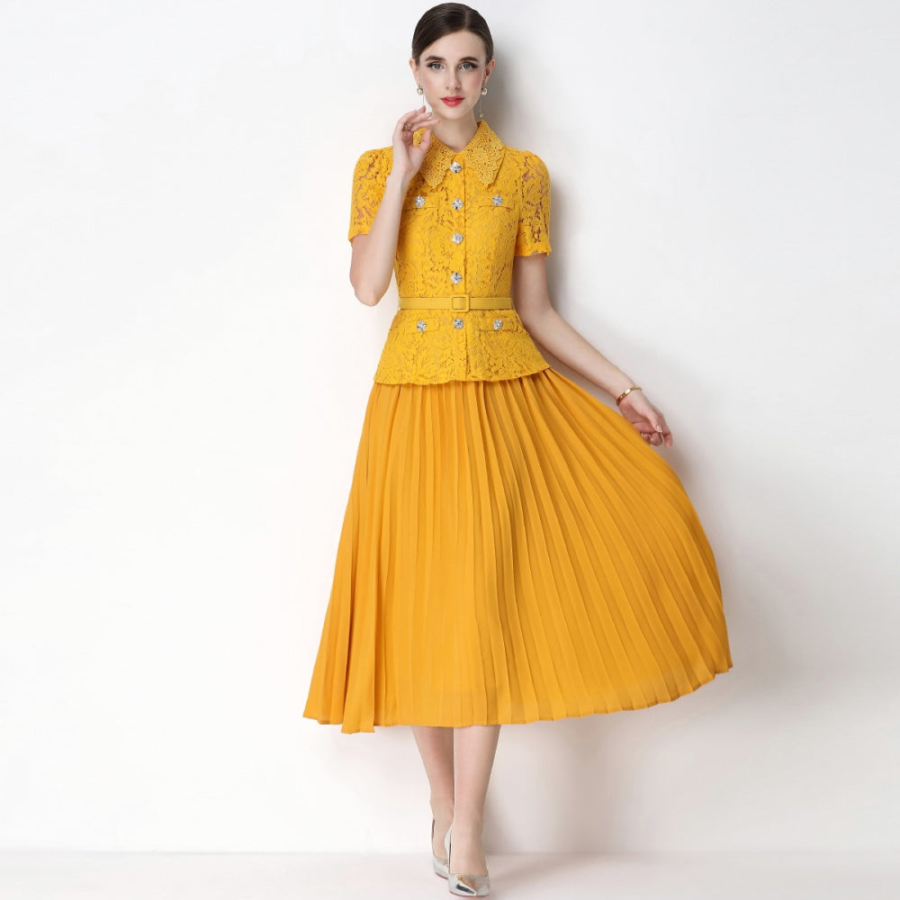 CM-DY071090 Women Elegant European Style Lace Doll Collar Short Sleeve Belted High Waist Midi Dress - Yellow
