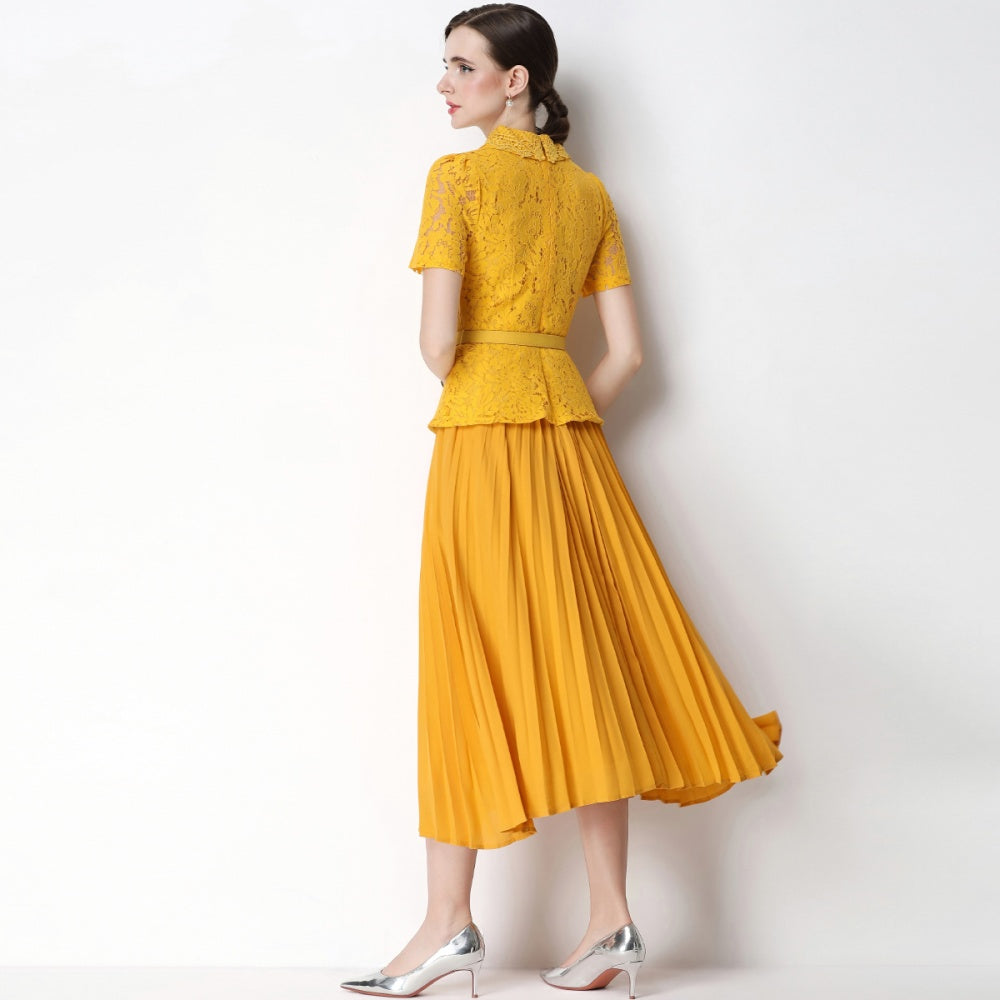 CM-DY071090 Women Elegant European Style Lace Doll Collar Short Sleeve Belted High Waist Midi Dress - Yellow