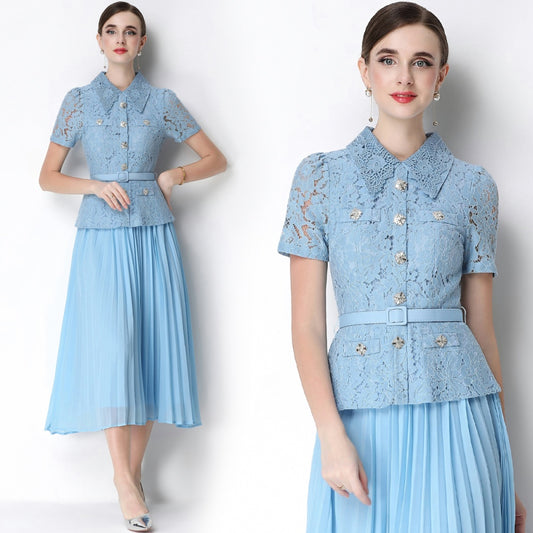 CM-DY071091 Women Elegant European Style Lace Doll Collar Short Sleeve Belted High Waist Midi Dress - Blue