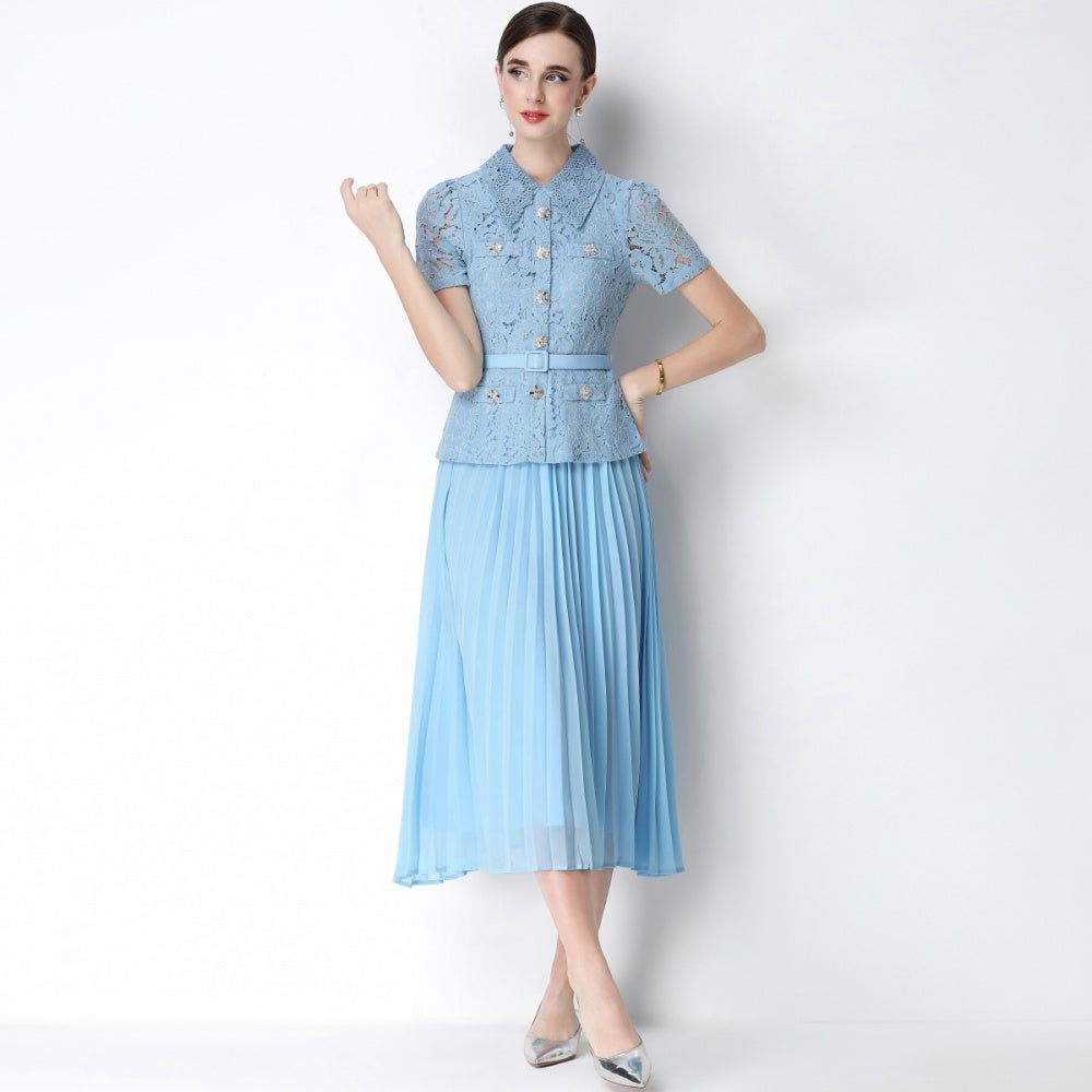 CM-DY071091 Women Elegant European Style Lace Doll Collar Short Sleeve Belted High Waist Midi Dress - Blue