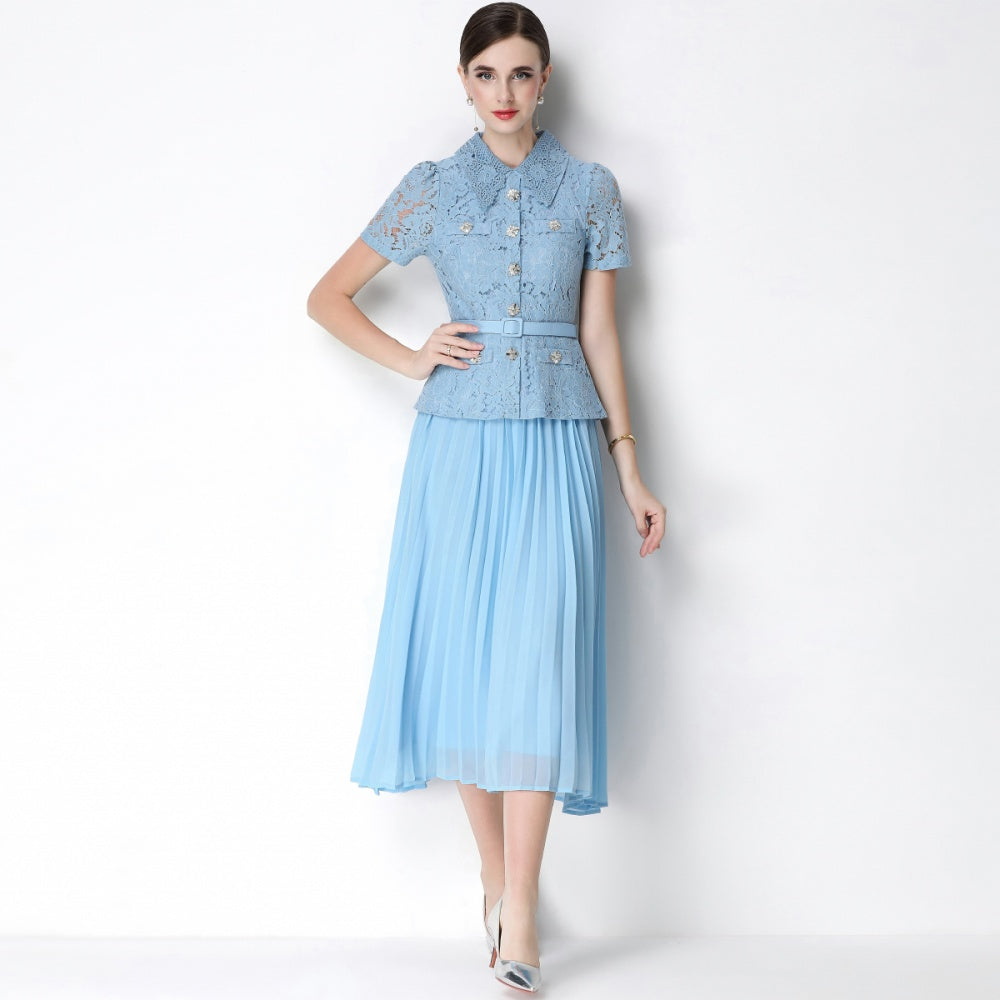 CM-DY071091 Women Elegant European Style Lace Doll Collar Short Sleeve Belted High Waist Midi Dress - Blue