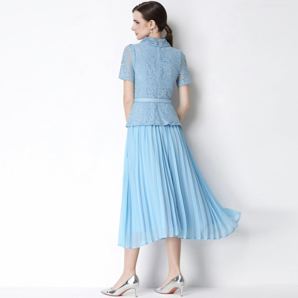 CM-DY071091 Women Elegant European Style Lace Doll Collar Short Sleeve Belted High Waist Midi Dress - Blue