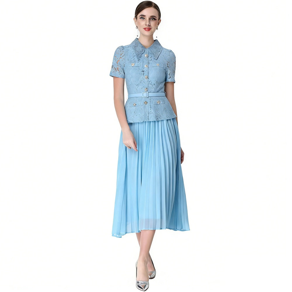 CM-DY071091 Women Elegant European Style Lace Doll Collar Short Sleeve Belted High Waist Midi Dress - Blue