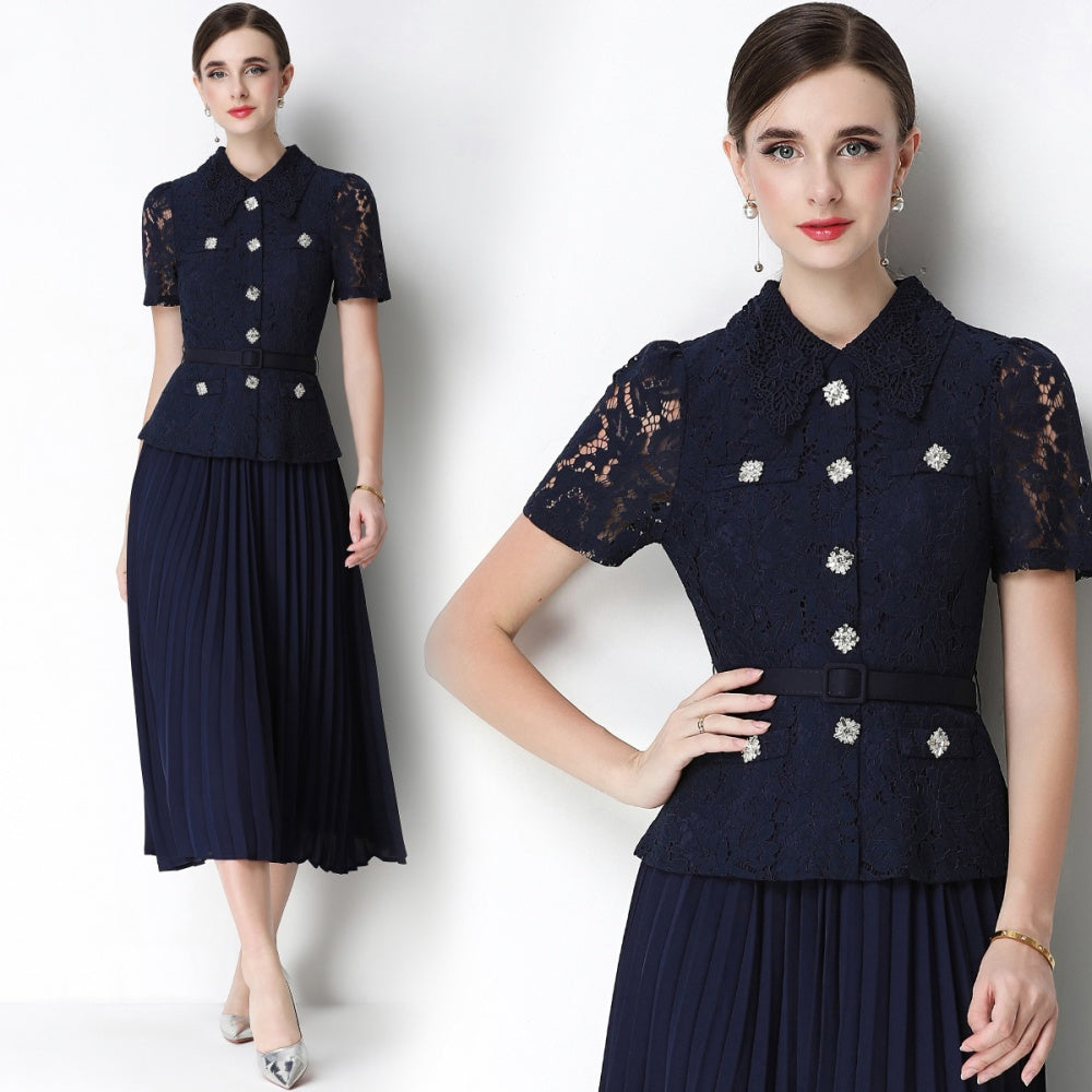 CM-DY071092 Women Elegant European Style Lace Doll Collar Short Sleeve Belted High Waist Midi Dress - Navy Blue