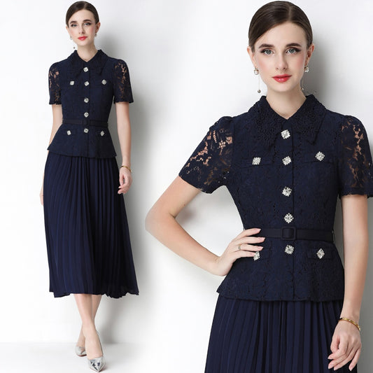 CM-DY071092 Women Elegant European Style Lace Doll Collar Short Sleeve Belted High Waist Midi Dress - Navy Blue
