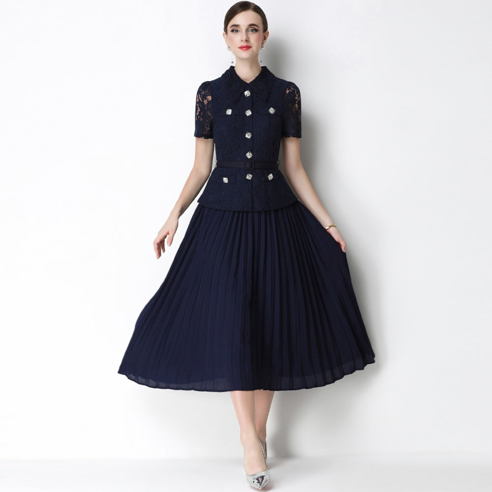 CM-DY071092 Women Elegant European Style Lace Doll Collar Short Sleeve Belted High Waist Midi Dress - Navy Blue