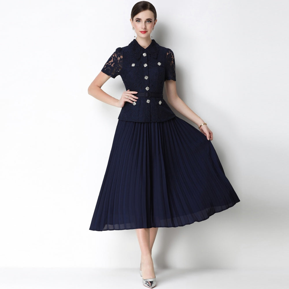 CM-DY071092 Women Elegant European Style Lace Doll Collar Short Sleeve Belted High Waist Midi Dress - Navy Blue
