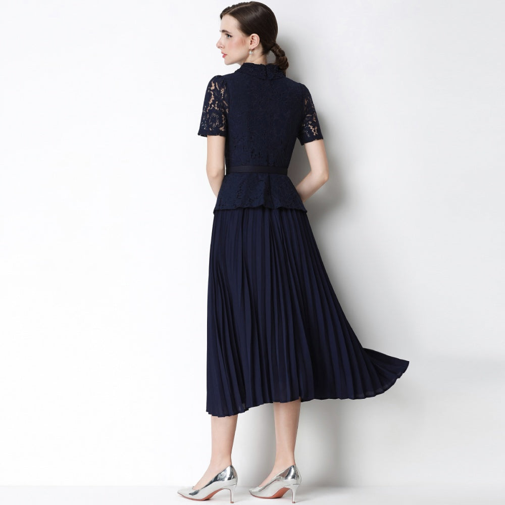 CM-DY071092 Women Elegant European Style Lace Doll Collar Short Sleeve Belted High Waist Midi Dress - Navy Blue