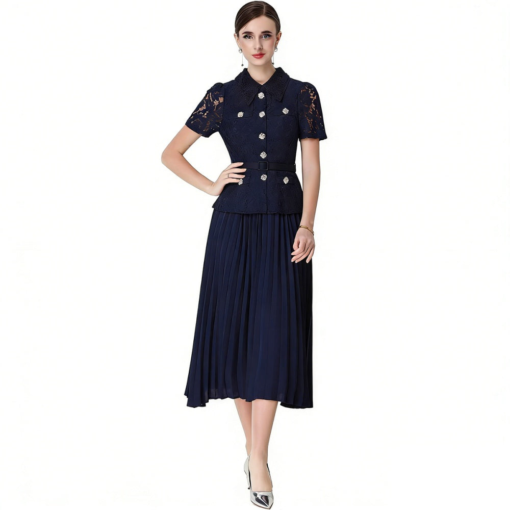 CM-DY071092 Women Elegant European Style Lace Doll Collar Short Sleeve Belted High Waist Midi Dress - Navy Blue