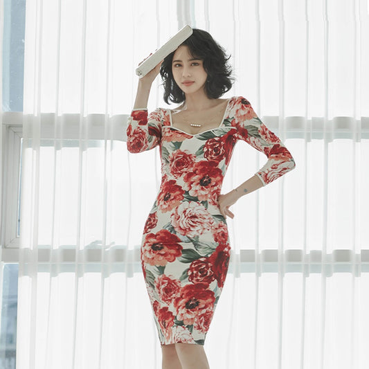 CM-DY071488 Women Elegant Seoul Style Floral Print Square Collar 3/4 Sleeve High Waist Pencil Dress