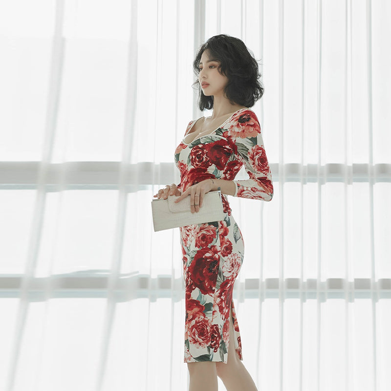CM-DY071488 Women Elegant Seoul Style Floral Print Square Collar 3/4 Sleeve High Waist Pencil Dress